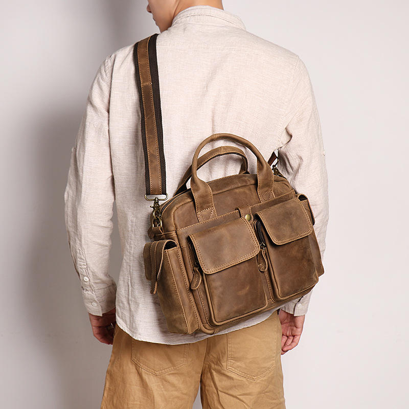 Qixicai Vintage Crazy Horse Leather Briefcase Men Leather Messenger Bag Genuine Leather Laptop Briefcase Bag for Men